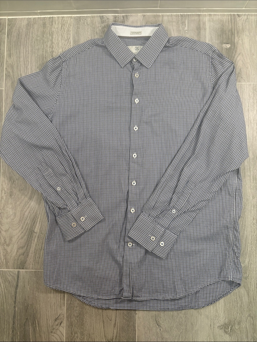 CXL by Christian Lacroix Mens Shirt L 16.5 Navy Blue Houndstooth Contemporary